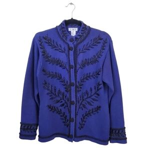 L N I Vintage 80s Cobalt Blue Black Beaded Cardigan Sweater Size S